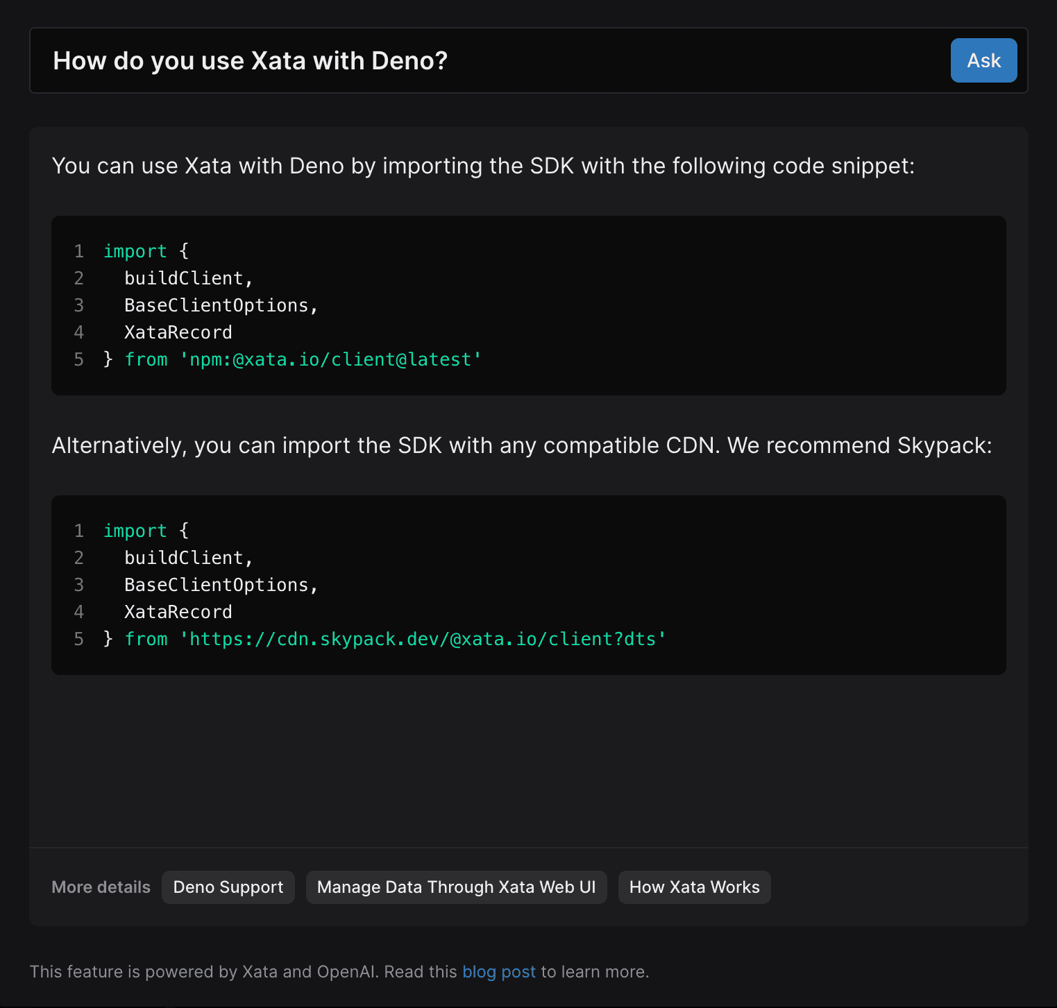 Question for the Xata bot: How do you use Xata with Deno?